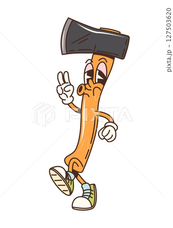 Cartoon groovy travel ax character. Lumberjack axe, woodworking tool cute hippie isolated vector personage or cartoon cheerful funky mascot. Ax or hatchet with wooden handle comical groovy character 127503620