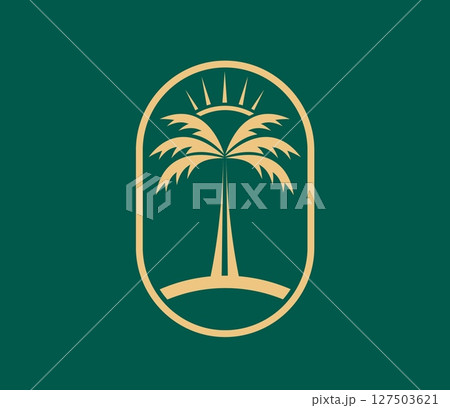 Tropical summer, tropical palm beach tree icon. Summer vacation symbol, travel agency graphic icon or emblem. Luxury resort, holiday rest club symbol with Boho golden palm and sun on green background 127503621