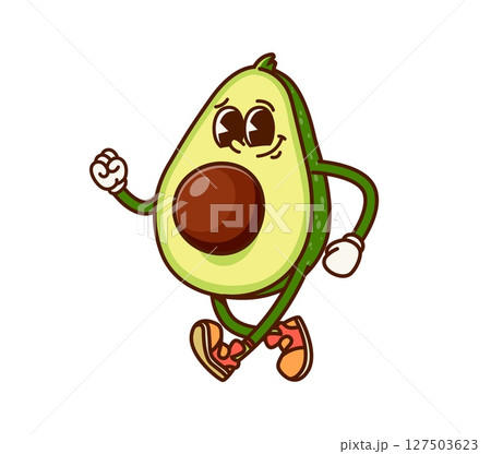 Avocado fruit half groovy cheerful character. Organic farm green product hippie cartoon vector character, fresh plant happy funky vintage personage. Walking and happy smiling avocado cheerful mascot 127503623