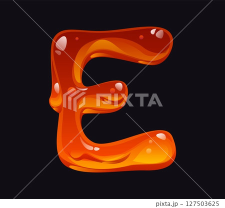Liquid honey cartoon font letter E. Sweet candy typeset sign, liquid honey cartoon vector English alphabet font element. Yellow caramel ABC symbol or tasty amber flow type letter Liquid honey cartoon font letter E. Sweet candy typeset sign, liquid honey cartoon vector English alphabet font element. Yellow caramel ABC symbol or tasty amber flow type letter 127503625
