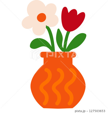 Cartoon orange vase with wavy pattern and red white flowers flat floral illustration Cartoon orange vase with wavy pattern and red white flowers flat floral illustration 127503653