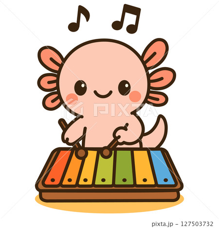 Adorable axolotl playing xylophone musical cartoon amphibian for kids music education, preschool instrument learning, nursery clipart and early childhood development illustration Adorable axolotl playing xylophone musical cartoon amphibian for kids music education, preschool instrument learning, nursery clipart and early childhood development illustration 127503732