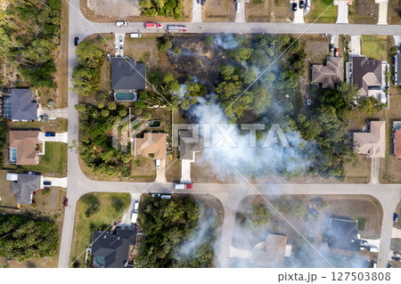 Emergency crews and fire trucks respond to vegetation fire near Florida homes, battling flames to protect residents and property 127503808