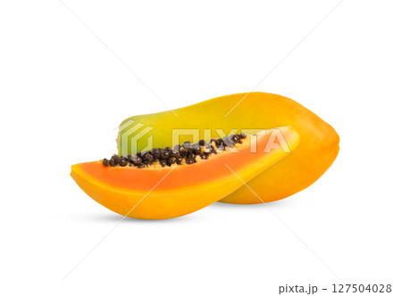 Colorful ripe papaya fruit and a cut in half isolated. 127504028
