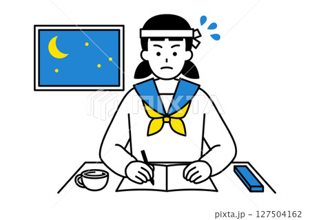 徹夜で勉強に励む女子学生 127504162
