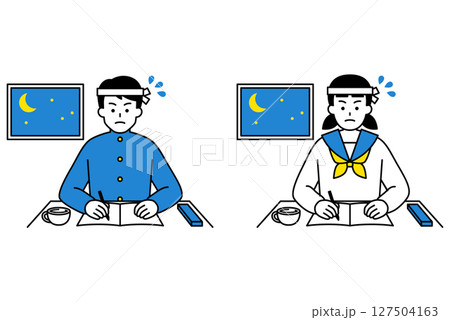 徹夜で勉強に励む男女の学生　セット 127504163