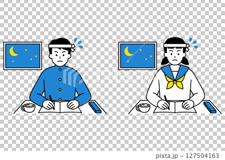 徹夜で勉強に励む男女の学生　セット 127504163