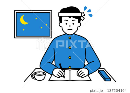 徹夜で勉強に励む男子学生のイラスト素材 [127504164] - PIXTA