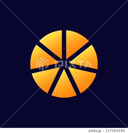 Orange circular symbol with radiating segments and dark blue contrast 127504184