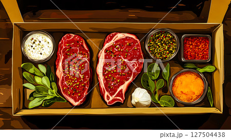 A fresh red steak lies in a craft cardboard box on the kitchen table top view. Delivery of raw meat for a dinner Cooking process. Herbs and spices. This is AI-generated item 127504438
