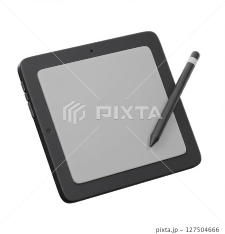 Grey Tablet and Black Stylus on White Background 127504666