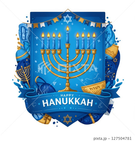 Happy Hanukkah Menorah with Blue and Gold Design 127504781