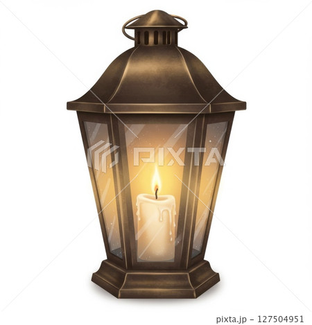 Bronze Metal Lantern with Lit Candle on White Background 127504951