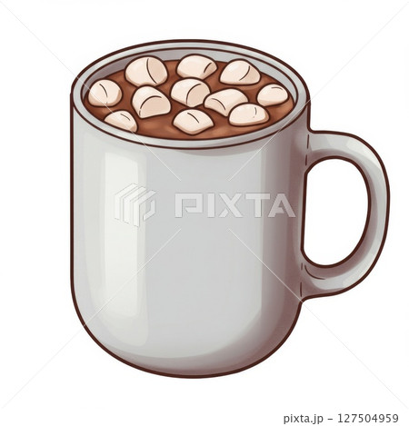 Warm Hot Chocolate with Marshmallows in a Grey Mug 127504959