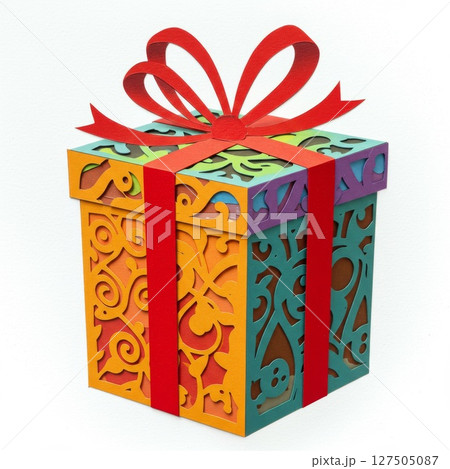 Colorful Cutout Paper Gift Box with Red Ribbon 127505087