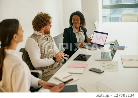 A Collaborative Business Meeting featuring an Informative Digital Presentation and Discussion 127505134
