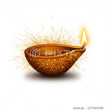 Ornate Brown Diya Oil Lamp with Gold Design and Sparkling Light 127505200