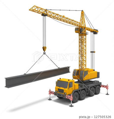 Yellow Mobile Crane Lifting Steel Beam on Construction Site 127505326