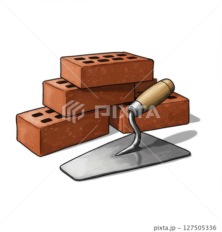 Red Bricks and Trowel on White Background 127505336
