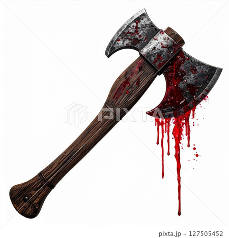 Bloody Axe with Wooden Handle on White Background 127505452