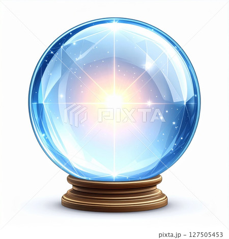 Blue Crystal Ball with Glowing Light and Stars 127505453