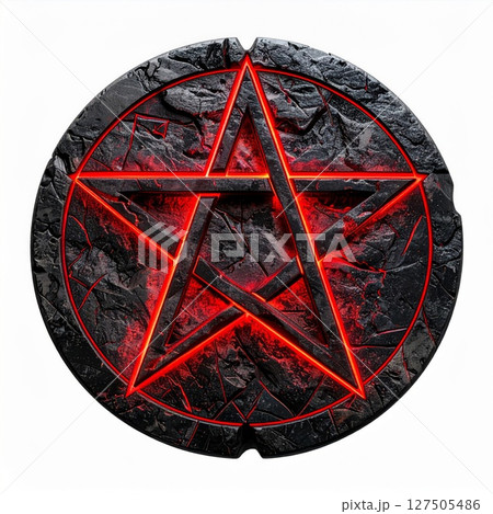 Glowing Red Pentagram on Black Stone Circle 127505486