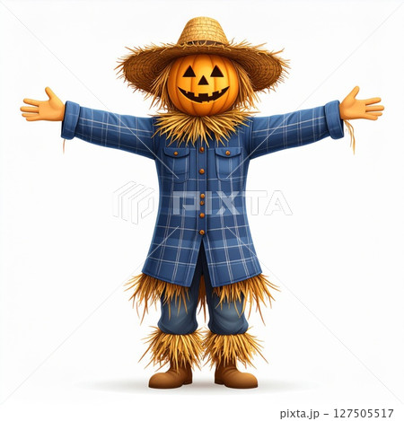 Friendly Scarecrow with Pumpkin Head and Blue Denim Outfit 127505517