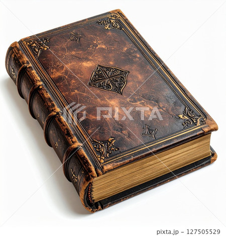 Antique Brown Leather Book with Gold Accents on White Background Antique Brown Leather Book with Gold Accents on White Background 127505529