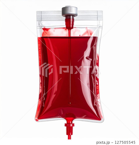 Red Blood Bag Hanging Against White Background Red Blood Bag Hanging Against White Background 127505545