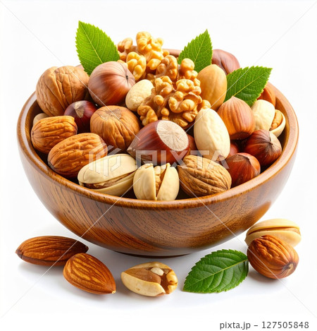 Assorted Nuts in Wooden Bowl with Green Leaves 127505848