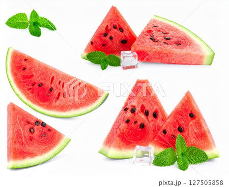 Red Watermelon Slices with Mint and Ice on White Red Watermelon Slices with Mint and Ice on White 127505858