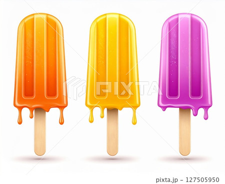 Melting Orange Yellow Purple Popsicles on White Background 127505950