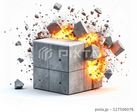 Fiery Explosion of Concrete Cube on White Background 127506076