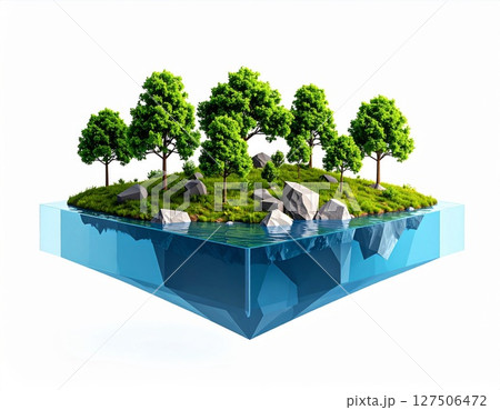 Isometric Digital Rendering of a Small Island with Green Trees and Rocks 127506472