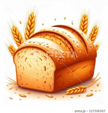 Golden Loaf of Bread with Wheat on White Background 127506567