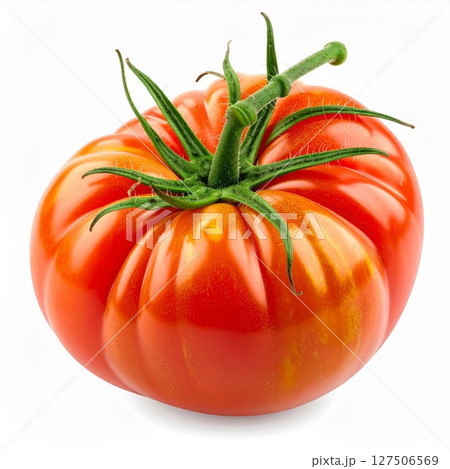Ripe Red Tomato with Green Stem on White Background 127506569