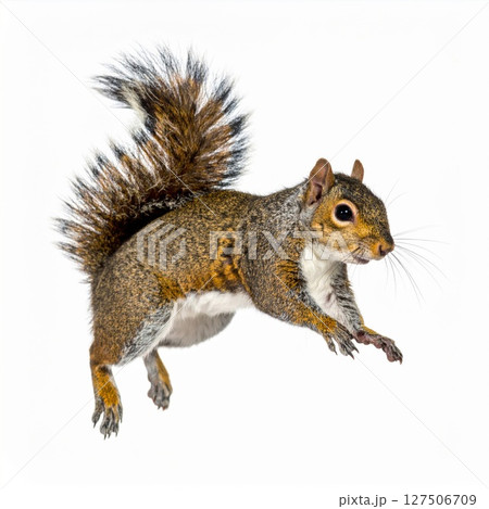 Grey Squirrel in Mid-Jump Against White Background 127506709