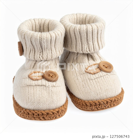 Cream Knit Baby Booties with Brown Buttons 127506743
