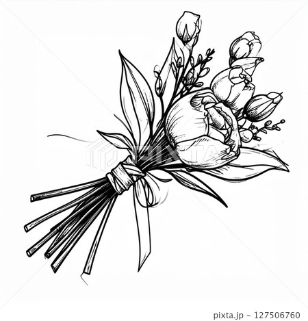 Elegant Black and White Line Art Flower Bouquet 127506760