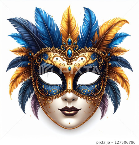 Ornate Gold and Blue Venetian Mask with Feathers 127506786
