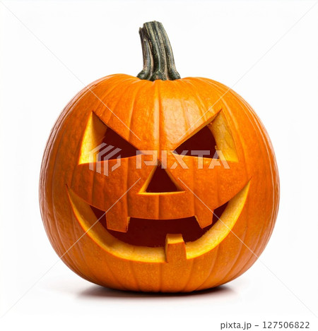 Carved Orange Pumpkin Jack-o'-lantern on White Background 127506822