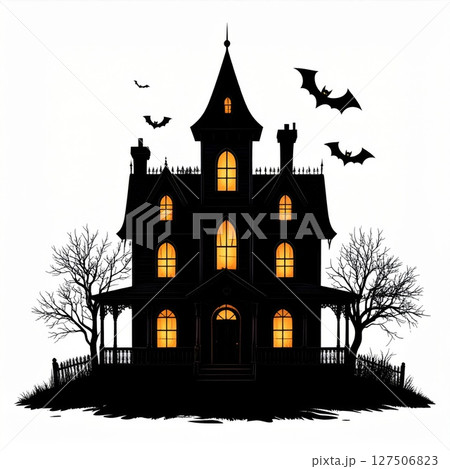 Silhouette of Haunted House with Bats at Night 127506823