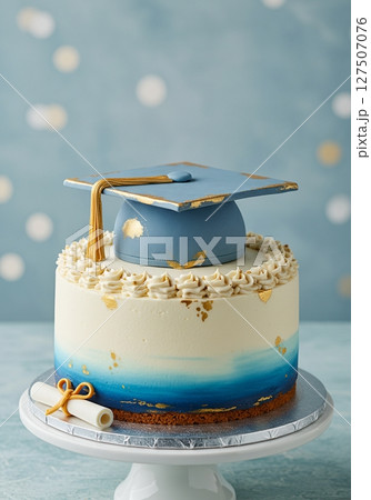 Blue and Gold Graduation Cake with Diploma 127507076