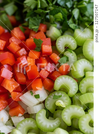 Chopped Red Bell Pepper Celery and Onion with Parsley 127507147