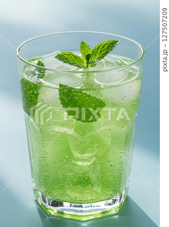 Refreshing Green Mint Drink with Ice in Glass 127507209