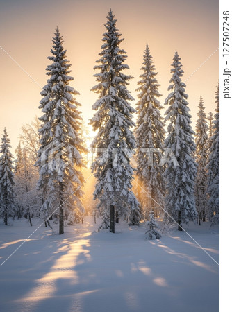 Snow Covered Pine Trees at Sunset in Winter Forest 127507248