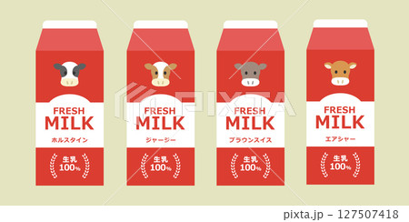 赤いミルク紙パックに描かれた牛の品種イラストセット（ホルスタイン・ジャージーほか） 127507418