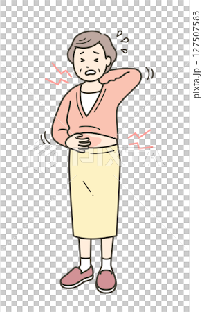 一位老年婦女全身插圖，她身體發癢，臉上愁眉苦臉 127507583