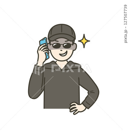 闇バイトで振り込め詐欺やオレオレ詐欺の電話をしている男の上半身イラスト 127507739