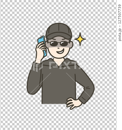 闇バイトで振り込め詐欺やオレオレ詐欺の電話をしている男の上半身イラスト 127507739